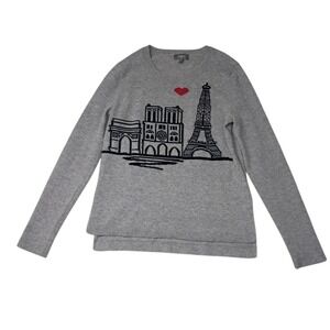 Neiman Marcus 100% Cashmere Sweater Womens Medium Gray Paris Eiffel Tower Heart